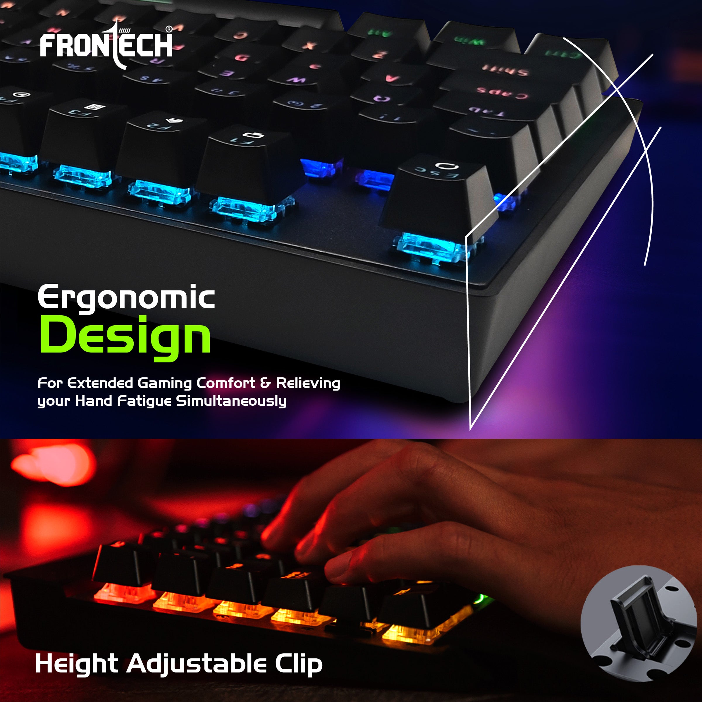 Frontech Wired Mechanical Gaming Keyboard | 104 Keys | Rainbow Backlit | Anti-Ghosting | Ergonomic Design | 12 Multimedia Hotkeys | Height Adjustable | 1-Year Warranty (KB-0014P) Frontech Wired Mechanical Gaming Keyboard | 104 Keys | Rainbow Backlit | Anti-Ghosting | Ergonomic Design | 12 Multimedia Hotkeys | Height Adjustable | 1-Year Warranty (KB-0014P)